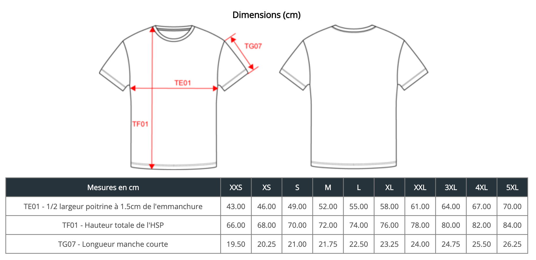 NS305 - Guide des tailles